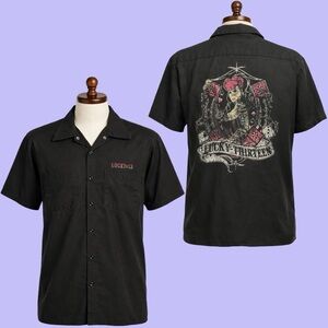 Lucky 13 Vintage 90s Men’s Rockabilly Black Button Down Short Sleeve Shirt